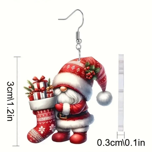 Holiday Acrylic Santa Gnome With Stocking Earrings. NWOT - Picture 3 of 4